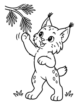 A cute lynx coloring page with a standing lynx cub reaching up toward a pine branch.
