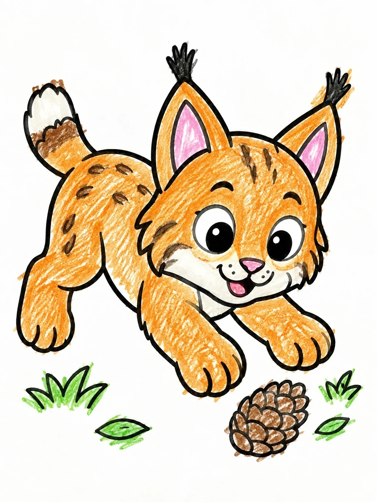 Colored example of the Playful Lynx Cub With Pinecone coloring page