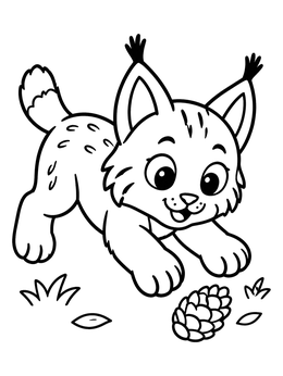 A cute cartoon lynx coloring page with a playful cub pouncing toward a pinecone.