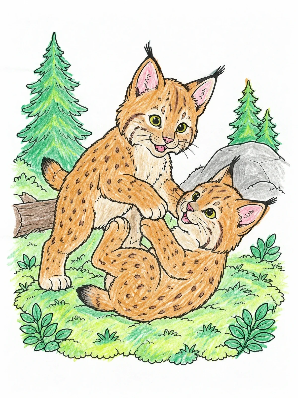 Colored example of the Playful Lynx Cubs Wrestling Outdoors coloring page