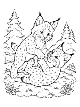 Free printable Playful Lynx Cubs Wrestling Outdoors coloring page