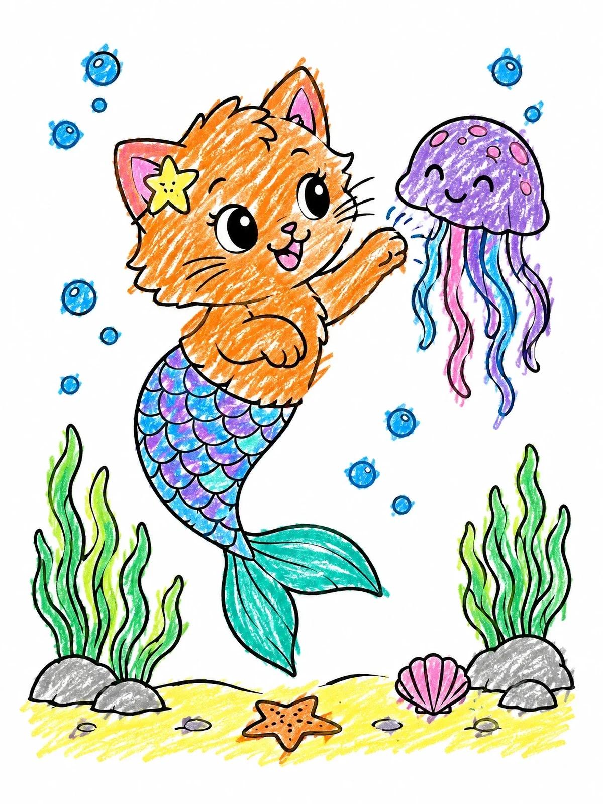 Colored example of the Playful Mermaid Cat And Jellyfish coloring page