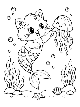 Free printable Playful Mermaid Cat And Jellyfish coloring page