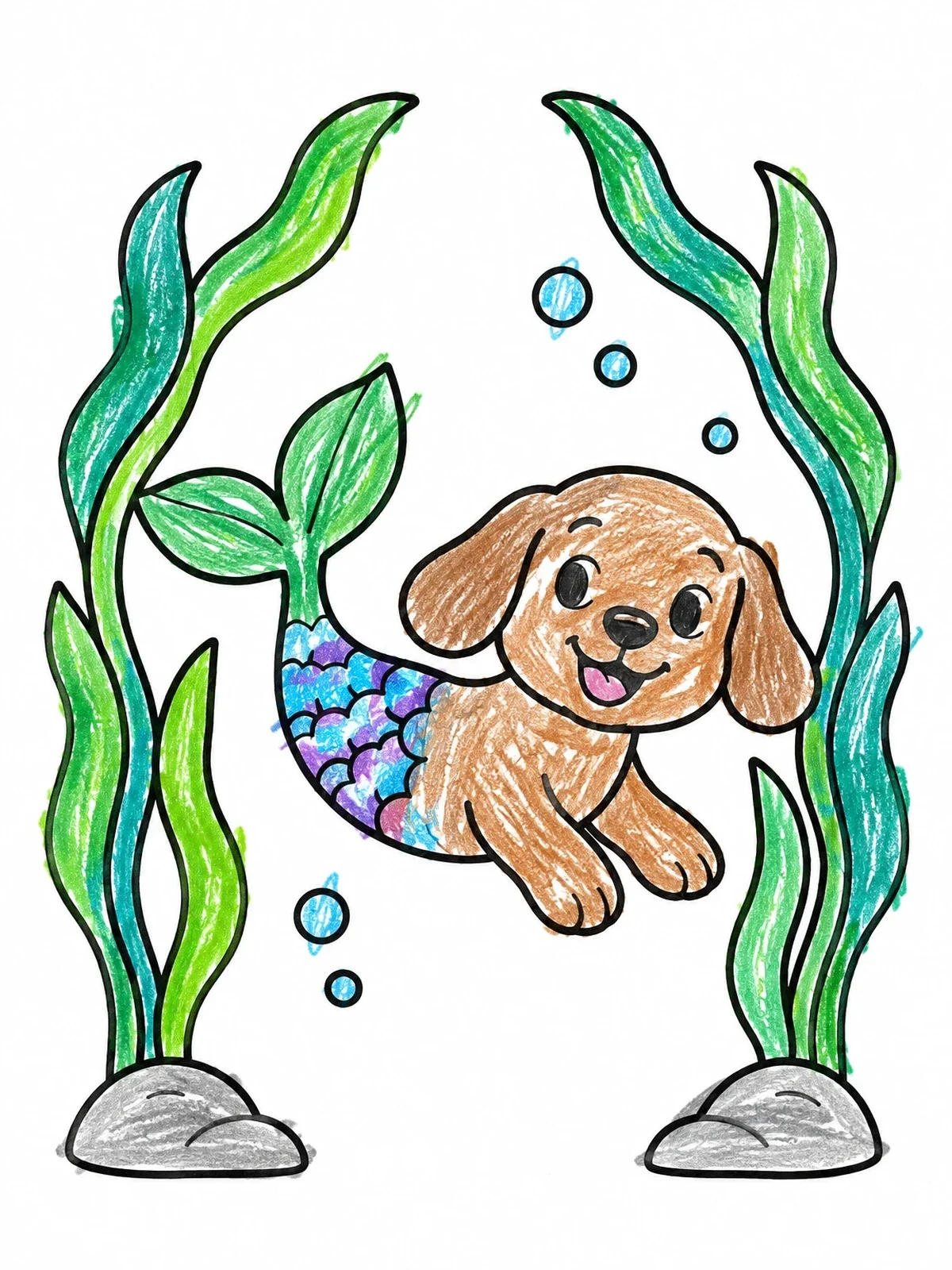 Colored example of the Playful Mermaid Puppy Swimming Underwater coloring page