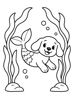 Free printable Playful Mermaid Puppy Swimming Underwater coloring page