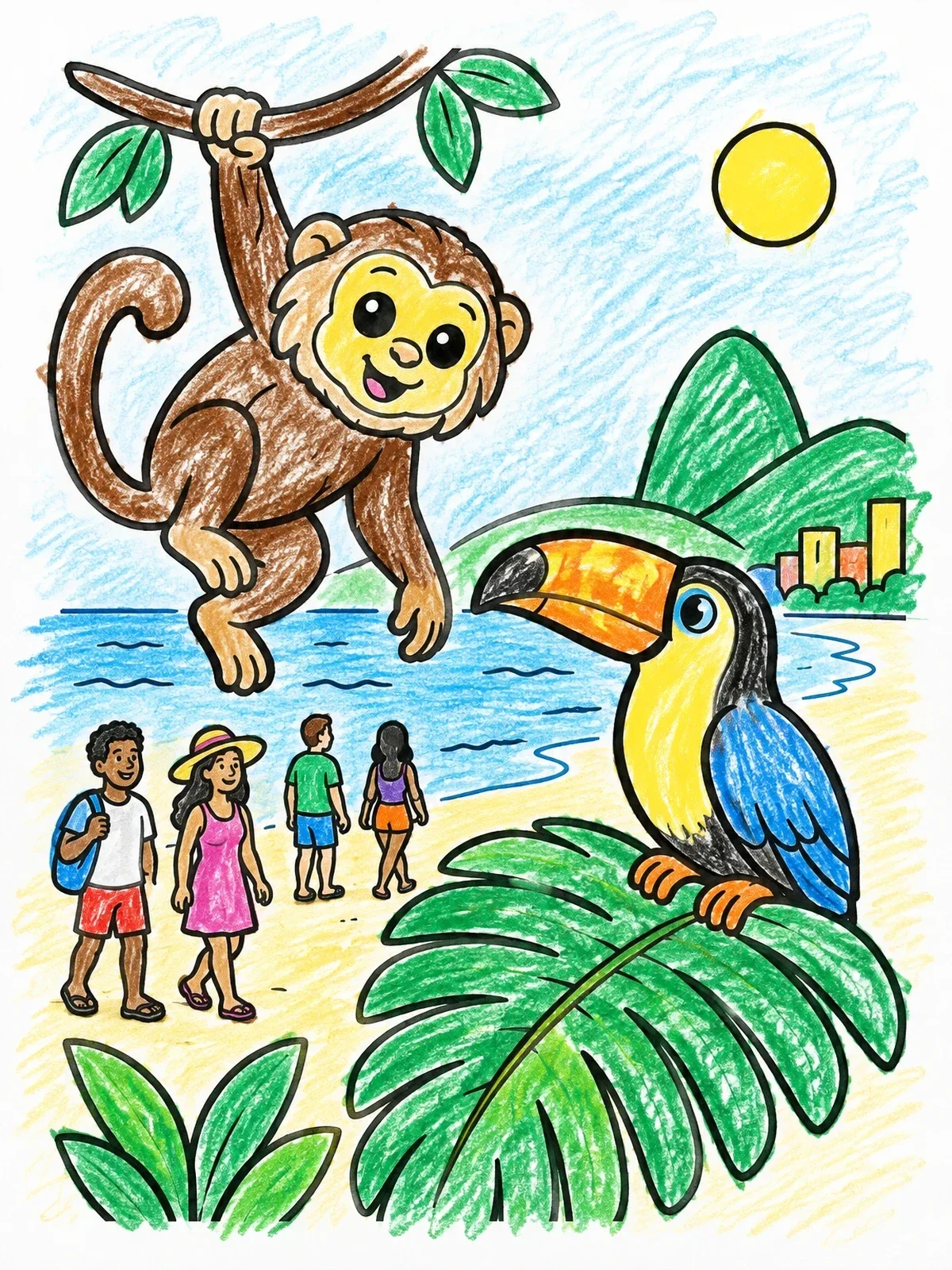 Colored example of the Playful Monkey And Toucan In Rio coloring page