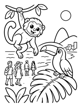 Free printable Playful Monkey And Toucan In Rio coloring page
