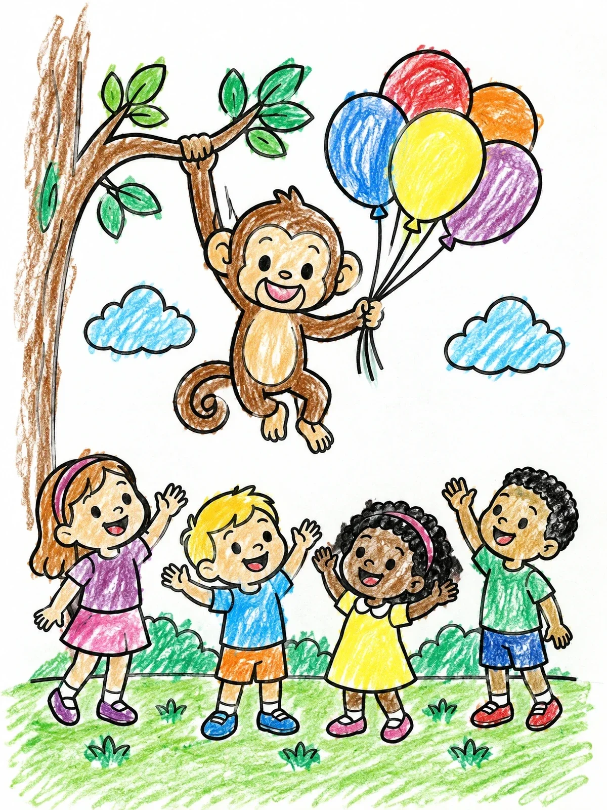 Colored example of the Playful Monkey With Birthday Balloons coloring page