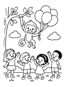 Free printable Playful Monkey With Birthday Balloons coloring page