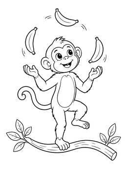 A cheerful monkey coloring page featuring a juggling chimp balancing on a tree branch.