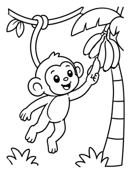 A cute cartoon monkey coloring page showing it hanging by its tail to grab bananas from a tree.