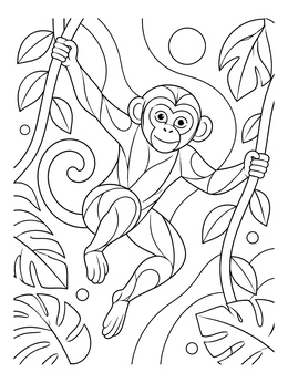 A cheerful monkey coloring page swinging between hanging jungle vines.