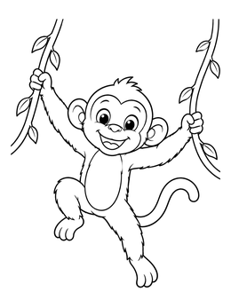A cheerful monkey coloring page featuring a cartoon ape swinging on two leafy vines.