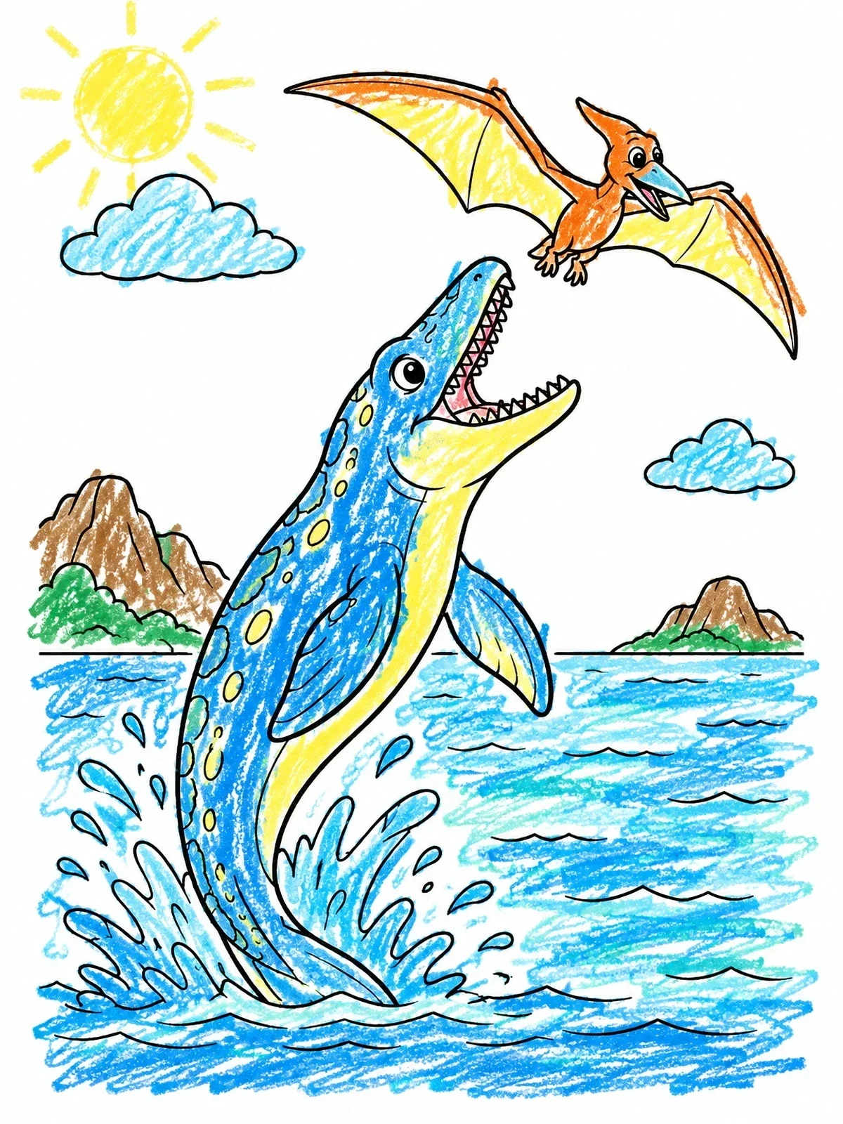 Colored example of the Playful Mosasaurus And Flying Pterosaur coloring page