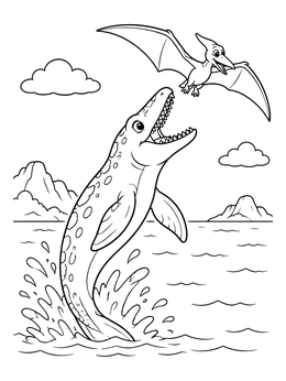 Free printable Playful Mosasaurus And Flying Pterosaur coloring page