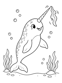 Free printable Playful Narwhal With Seaweed coloring page