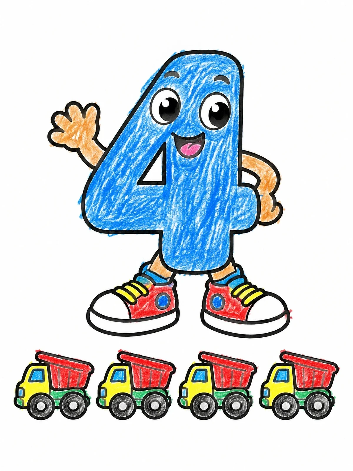 Colored example of the Playful Number 4 With Toy Dump Trucks coloring page