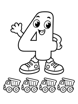 Free printable Playful Number 4 With Toy Dump Trucks coloring page