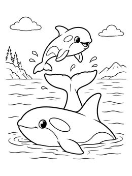 Free printable Playful Orca Calf Leaping Over Mother coloring page