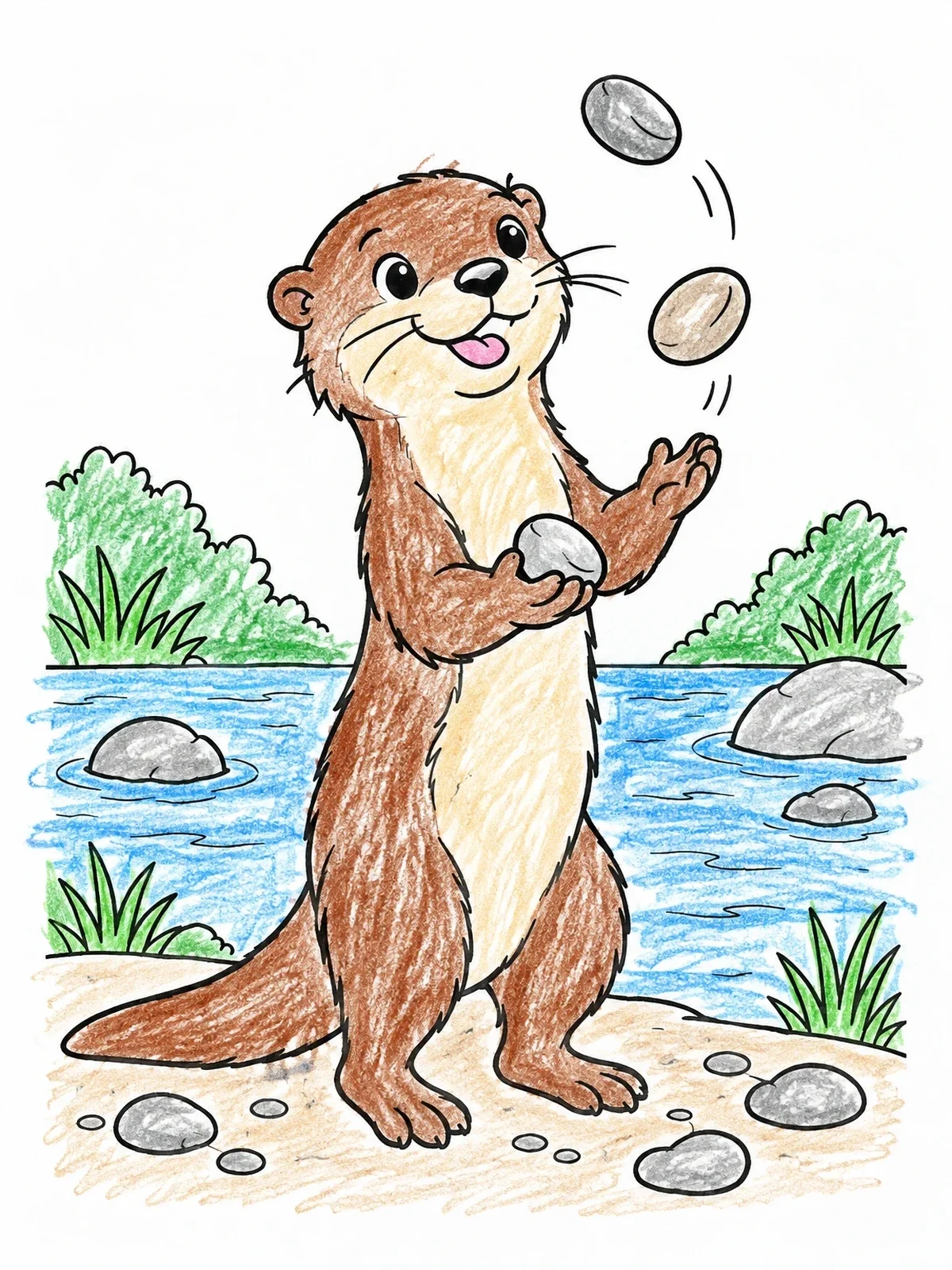 Colored example of the Playful Otter Juggling River Pebbles coloring page