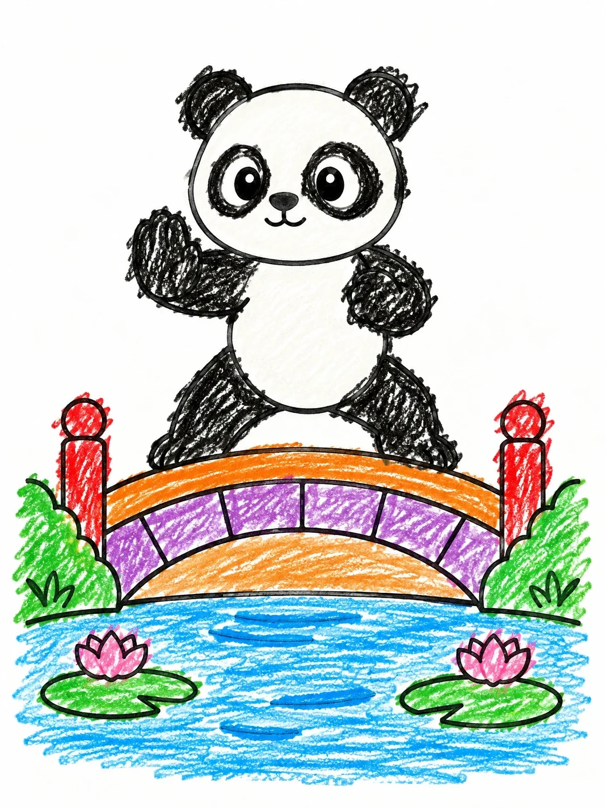 Colored example of the Playful Panda On A Bridge coloring page
