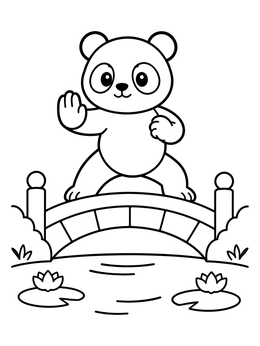 A cute cartoon panda stands on an arched bridge in this panda coloring page.
