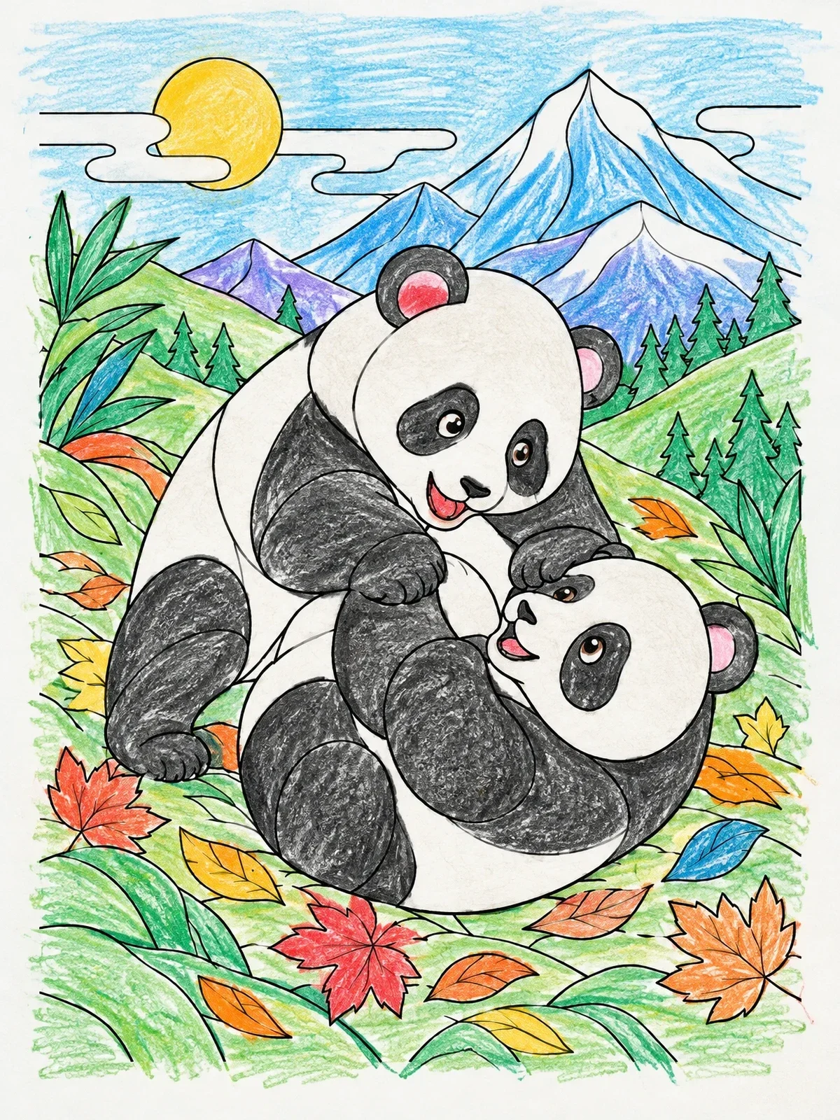 Colored example of the Playful Pandas On Mountain Slope coloring page