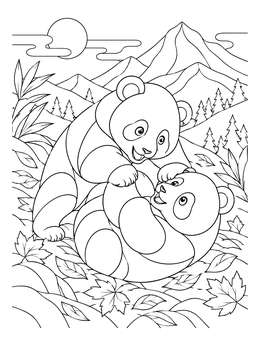 Two playful pandas wrestle on autumn leaves in this panda coloring page.
