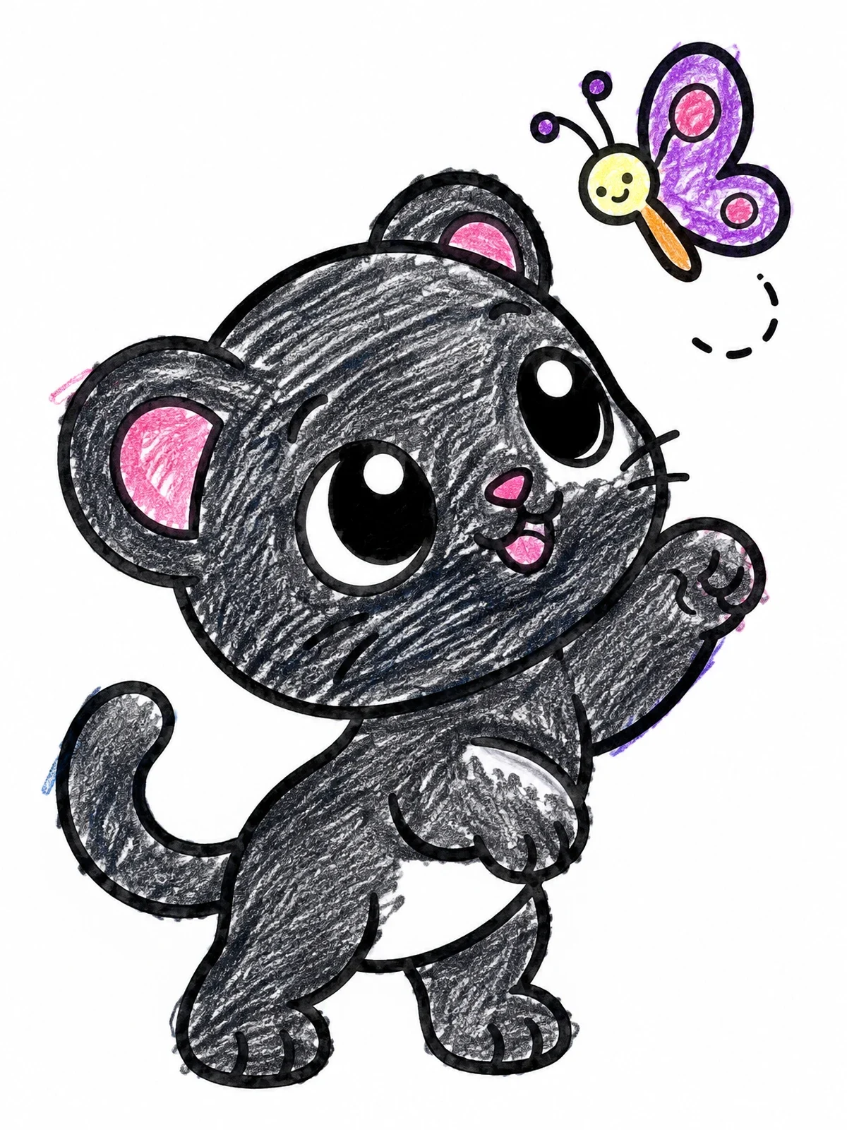 Colored example of the Playful Panther Cub And Butterfly coloring page