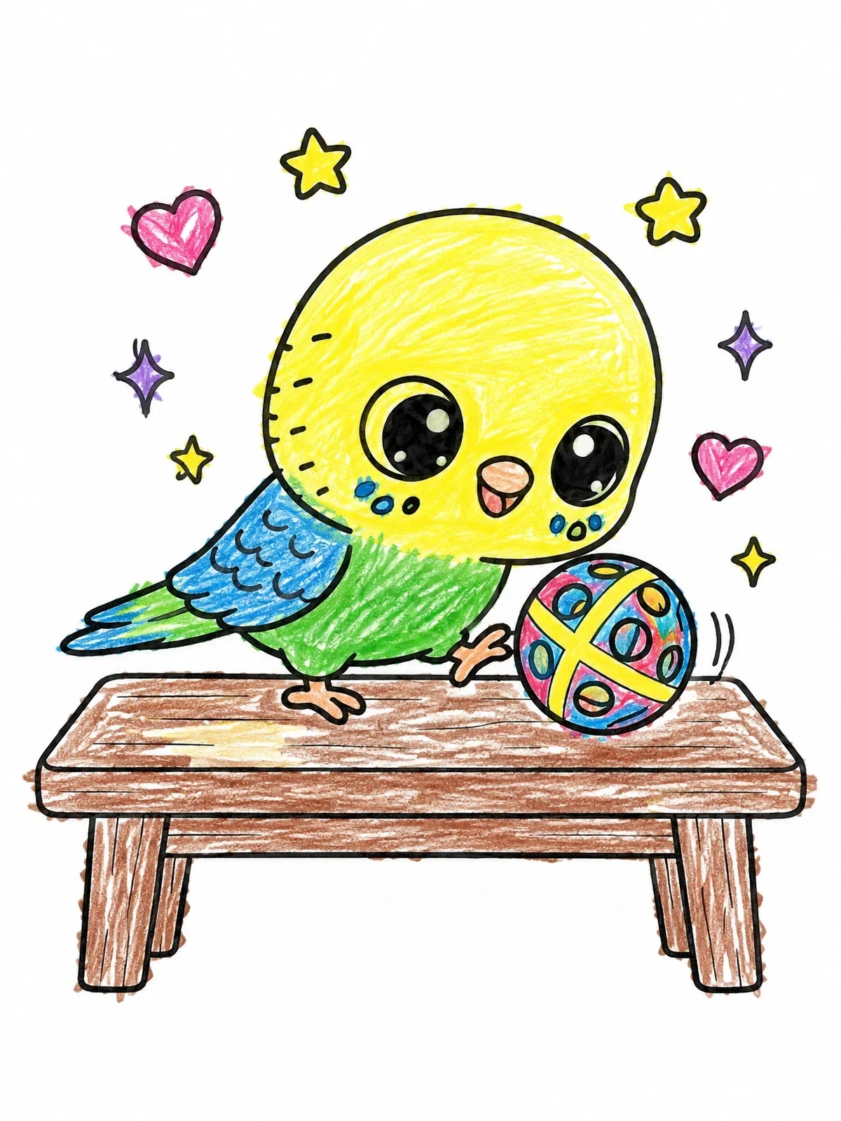 Colored example of the Playful Parakeet With Toy Ball coloring page