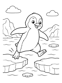 A happy penguin coloring page showing a cute bird jumping across icy waters.