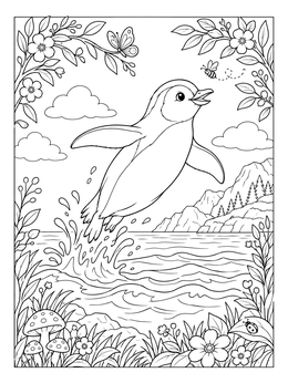 A happy penguin leaping over ocean waves on this penguin coloring page with flowers and mountains.