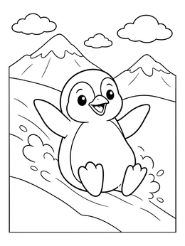 A cheerful penguin coloring page showing a baby penguin sliding down a snowy mountain slope.