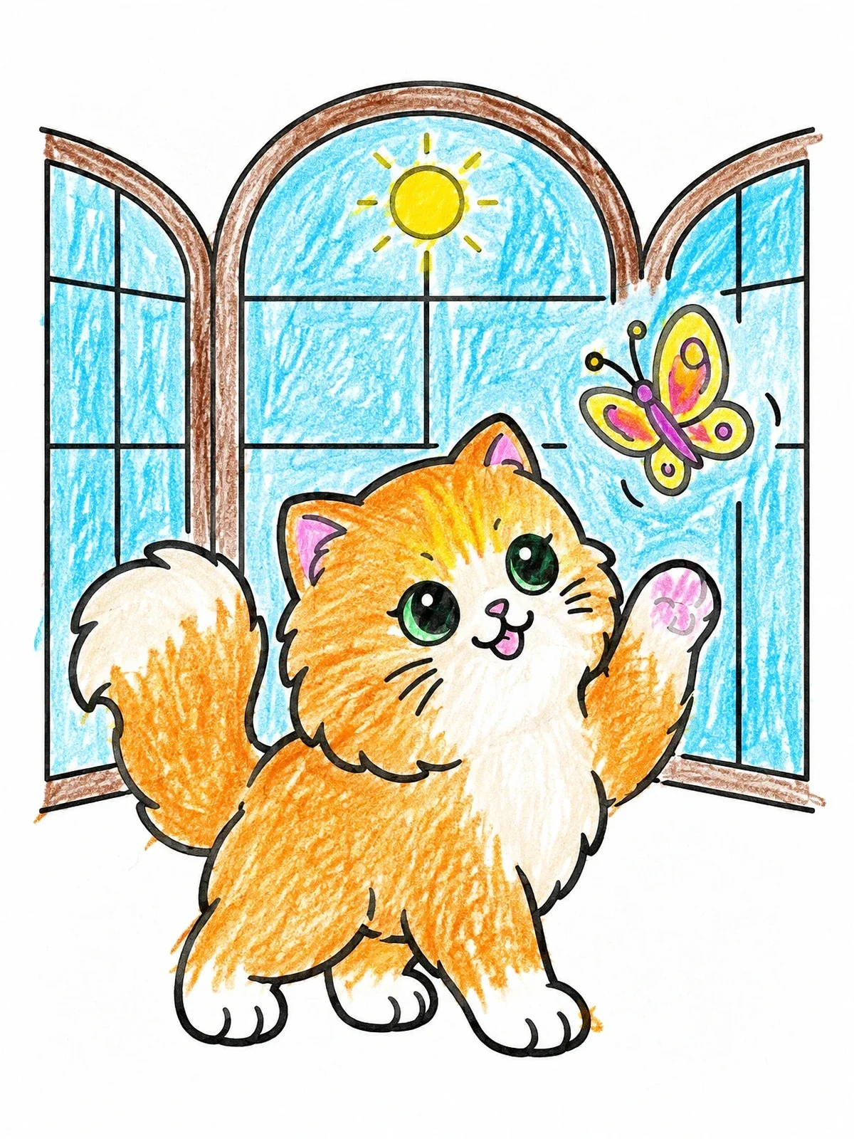 Colored example of the Playful Kitten And Fluttering Butterfly coloring page