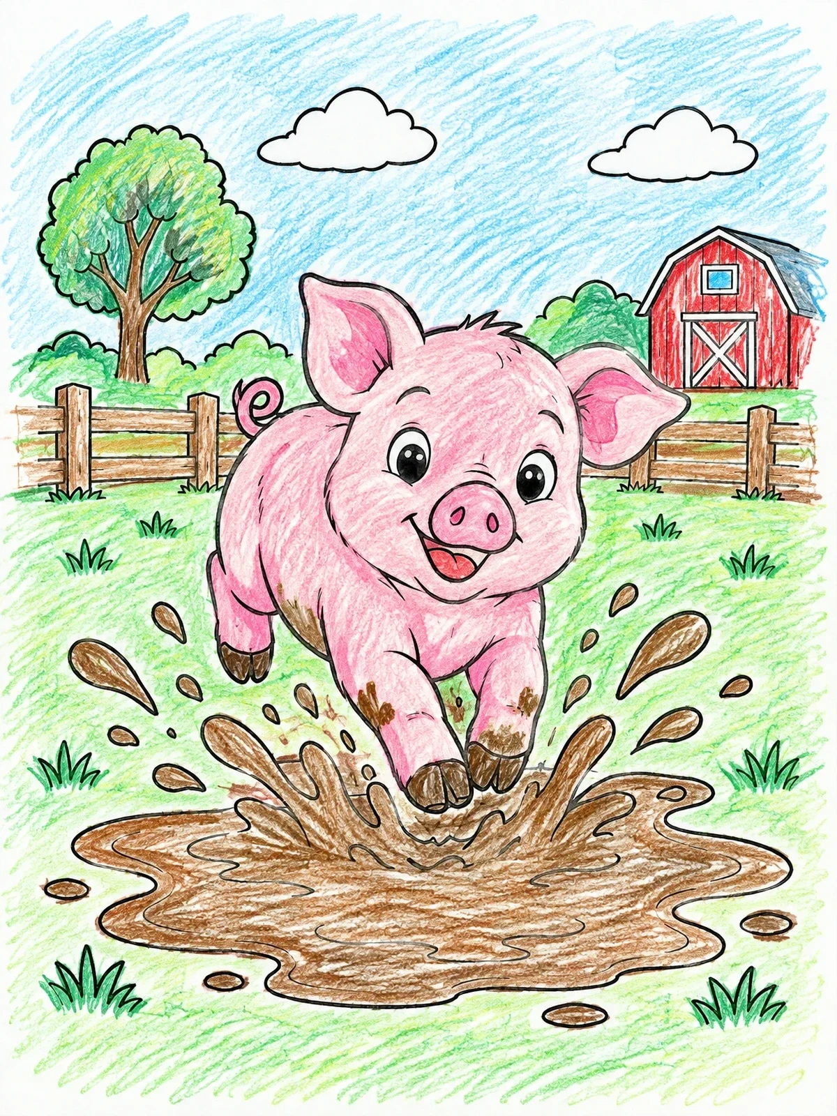 Colored example of the Playful Piglet Splashing In Mud coloring page