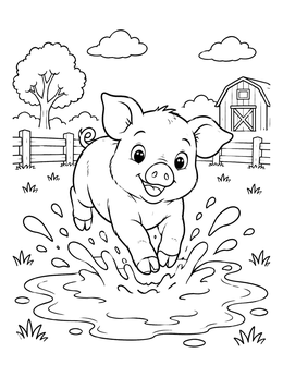 A joyful pig coloring page showing a cute piglet jumping into a big mud puddle on a farm.