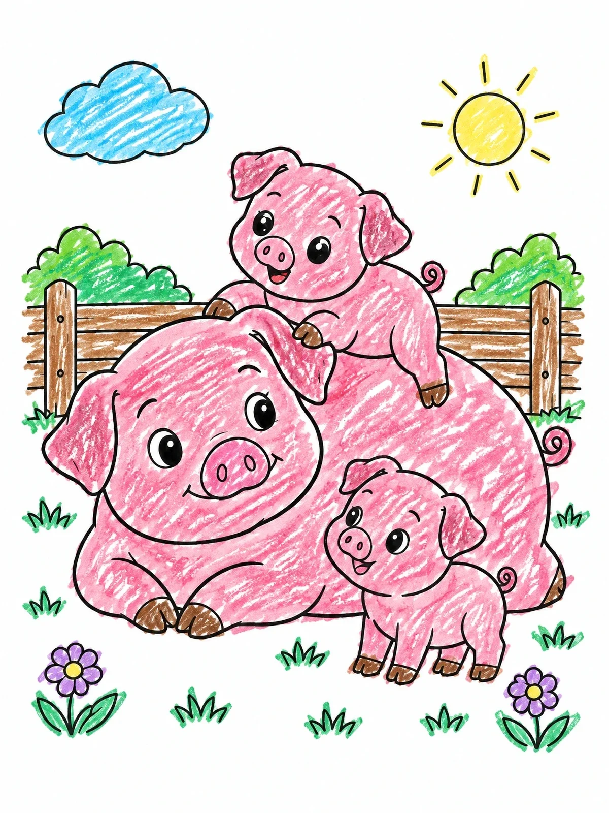 Colored example of the Playful Piglets With Mother Sow coloring page