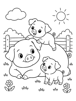 A cheerful sow and two piglets on this cute pig coloring page.