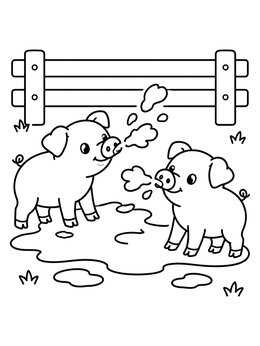 Two happy piglets splashing in a mud puddle on this pig coloring page.