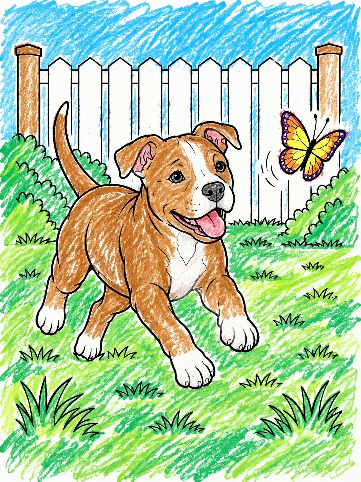 Colored example of the Playful Pitbull Puppy And Butterfly coloring page