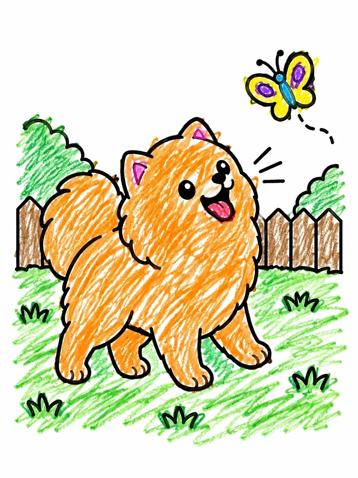 Colored example of the Playful Pomeranian And Butterfly coloring page