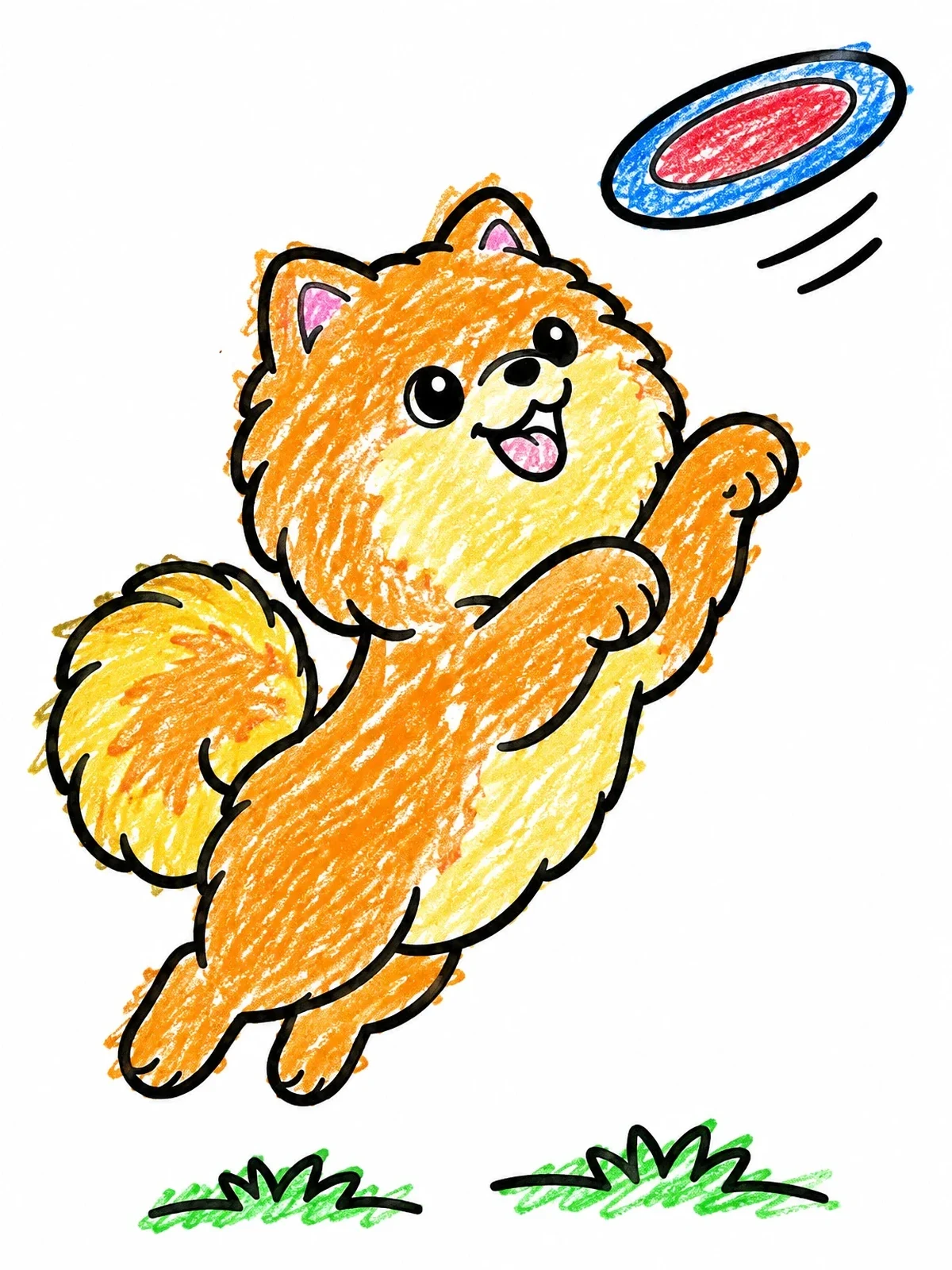 Colored example of the Playful Pomeranian Catching A Flying Disc coloring page