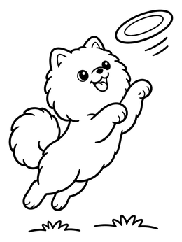 Free printable Playful Pomeranian Catching A Flying Disc coloring page