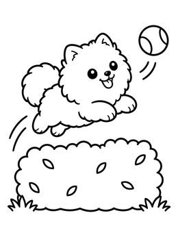 Free printable Playful Pomeranian Jumping Over A Hedge coloring page