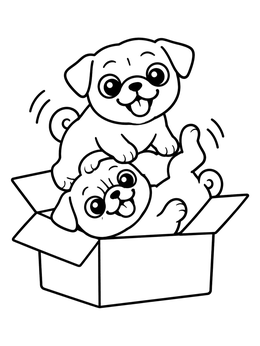 Two playful pug puppies tumbling in a cardboard box on this pug coloring page.
