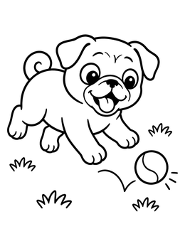 A cheerful cartoon pug coloring page showing a puppy chasing a bouncing ball on the grass.