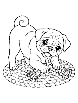 A cheerful pug puppy bites a braided toy on this pug coloring page.