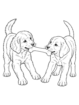 Two happy puppies play tug of war in this dog bone coloring page.