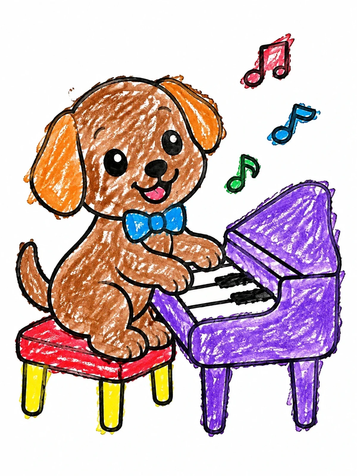 Colored example of the Playful Puppy At The Piano coloring page