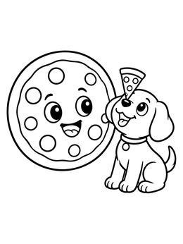 A friendly dog balancing a slice next to a smiling pizza coloring page.